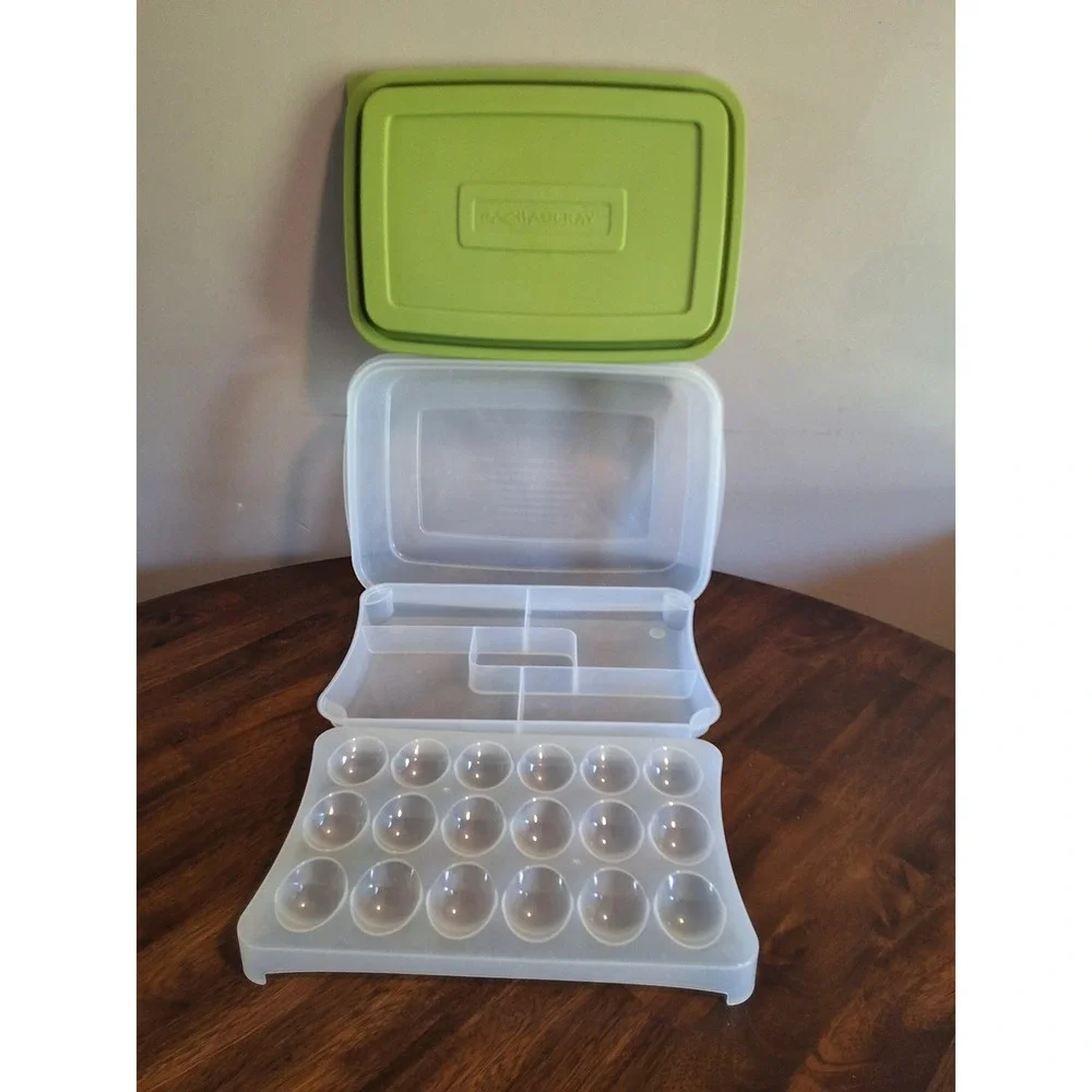 Rachael Ray Insulated Food Carrier Green Striped Bag with Deviled Egg Tray Set